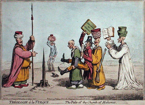 Theologie a la Turque, The Pale of the Church Mahomet, udgivet af Hannah Humphrey i 1799 (håndfarvet radering) af James Gillray
