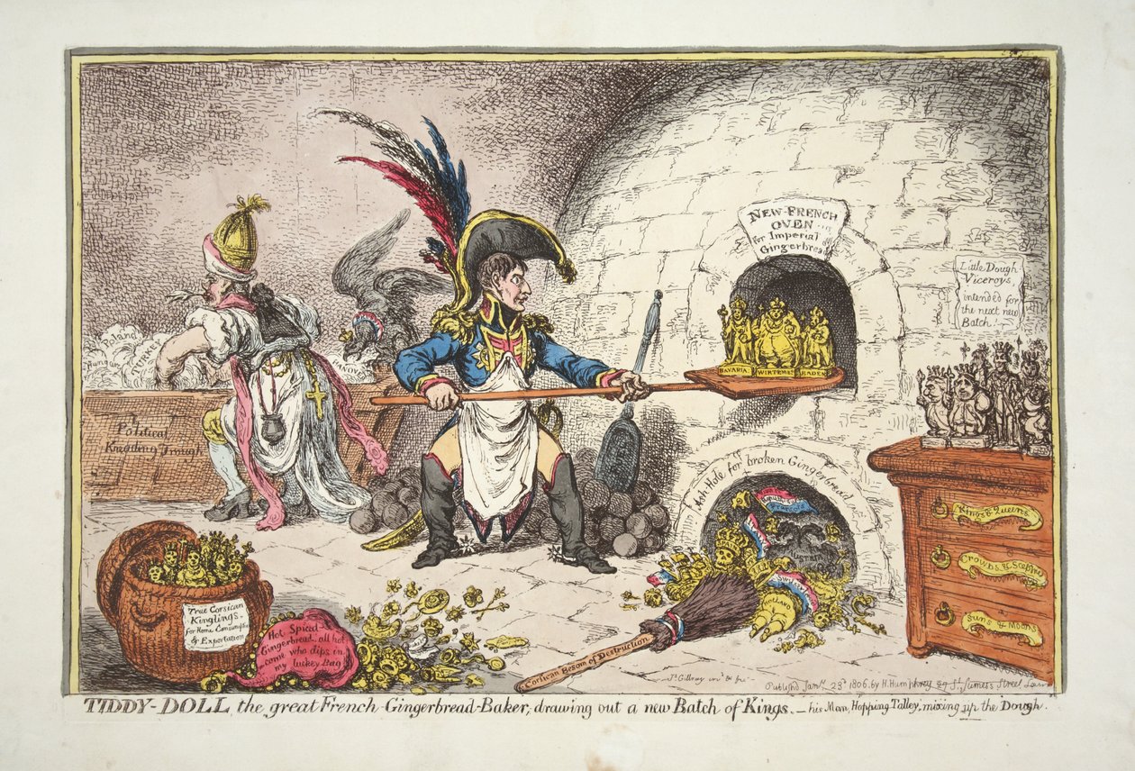 Tiddy-Doll, den store franske honningkagebager, tegner et nyt parti konger. - hans Man Hopping Talley, blander dejen, pub. 1806 (håndfarvet gravering) af James Gillray
