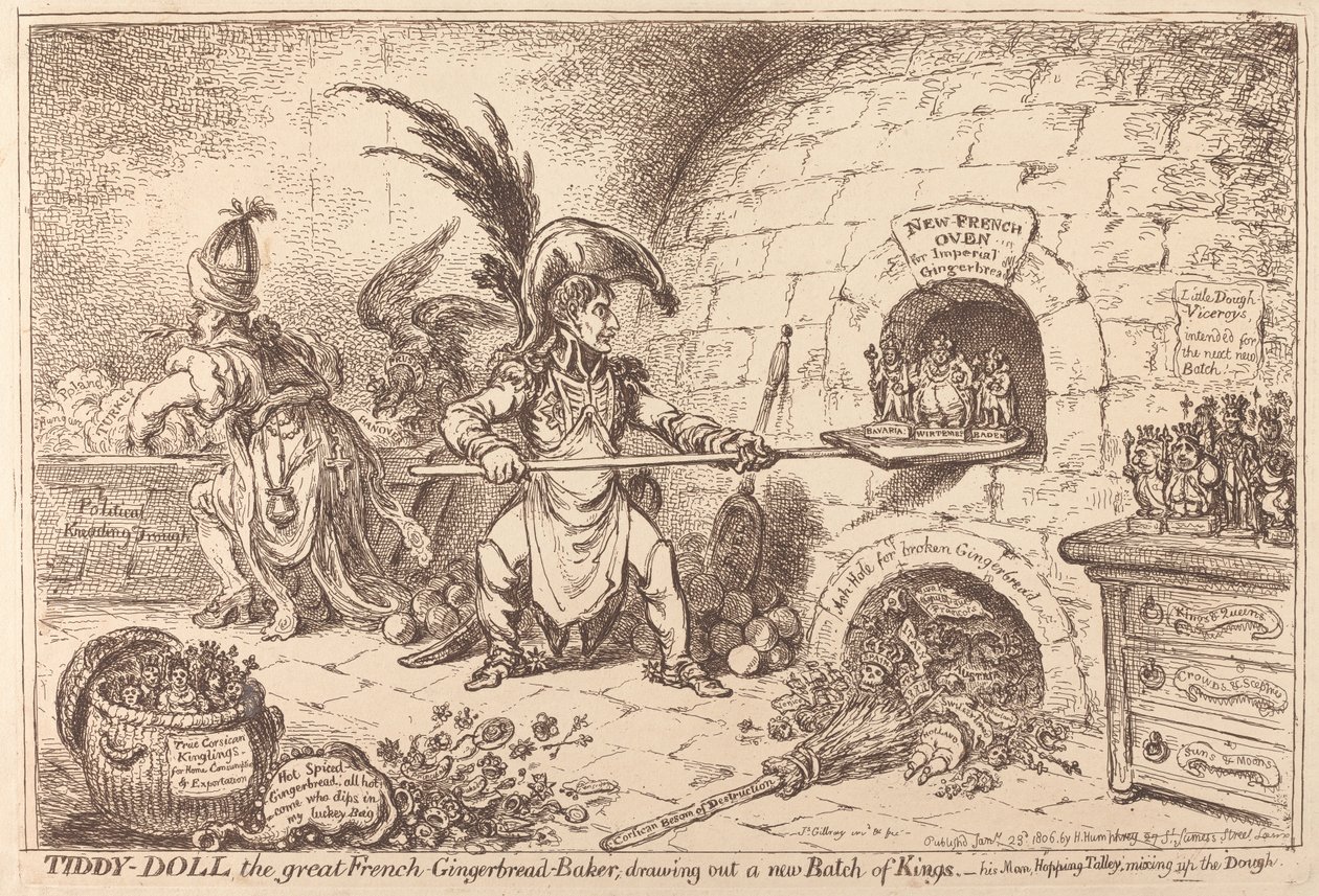 Tiddy-Doll, den store peberkagebager, bager en ny omgang konger af James Gillray