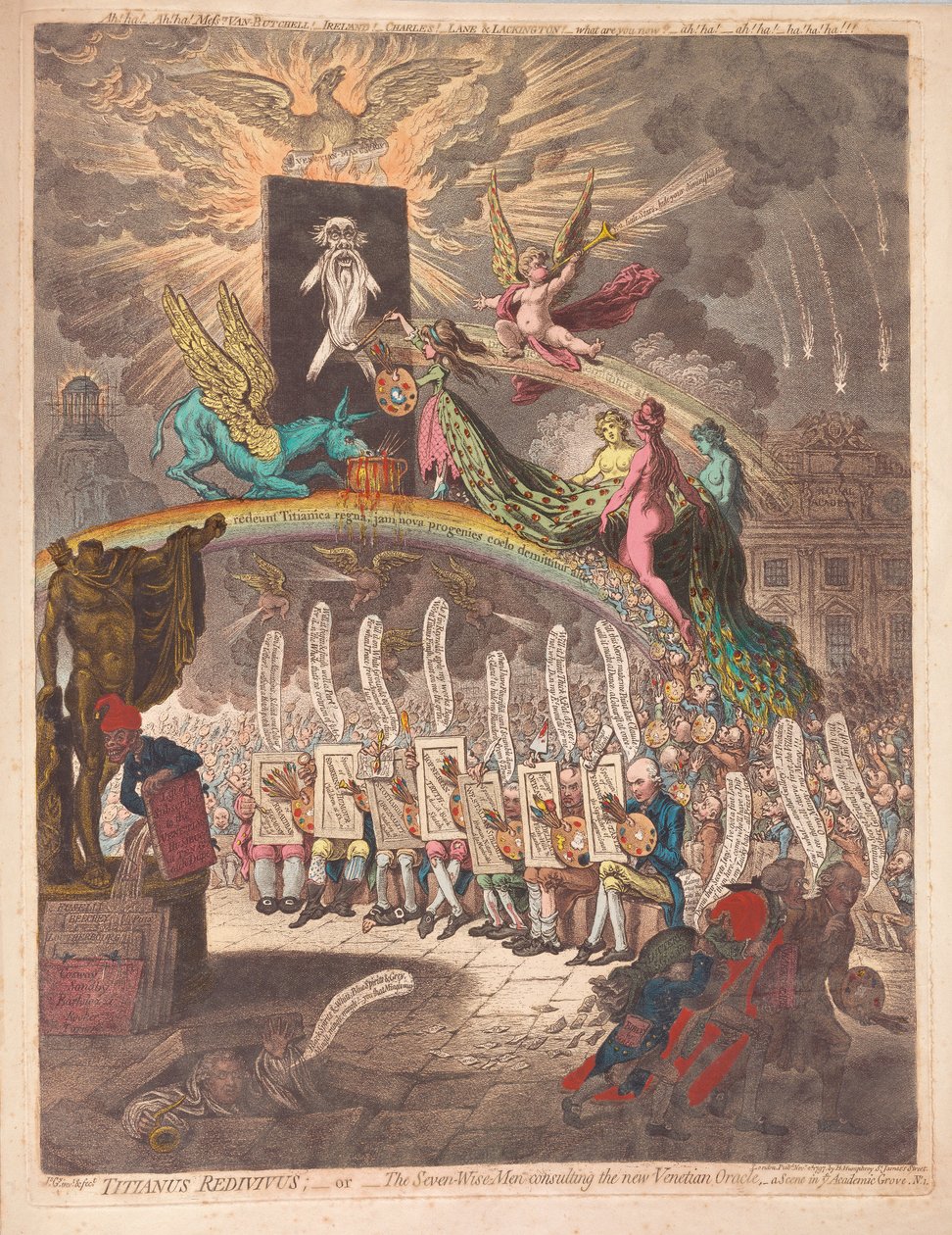 Titianus Redivivus eller de syv vise mænd, der konsulterer det nye venetianske orakel, en scene i Academic Grove No.1, pub. 1797 (håndfarvet gravering) af James Gillray