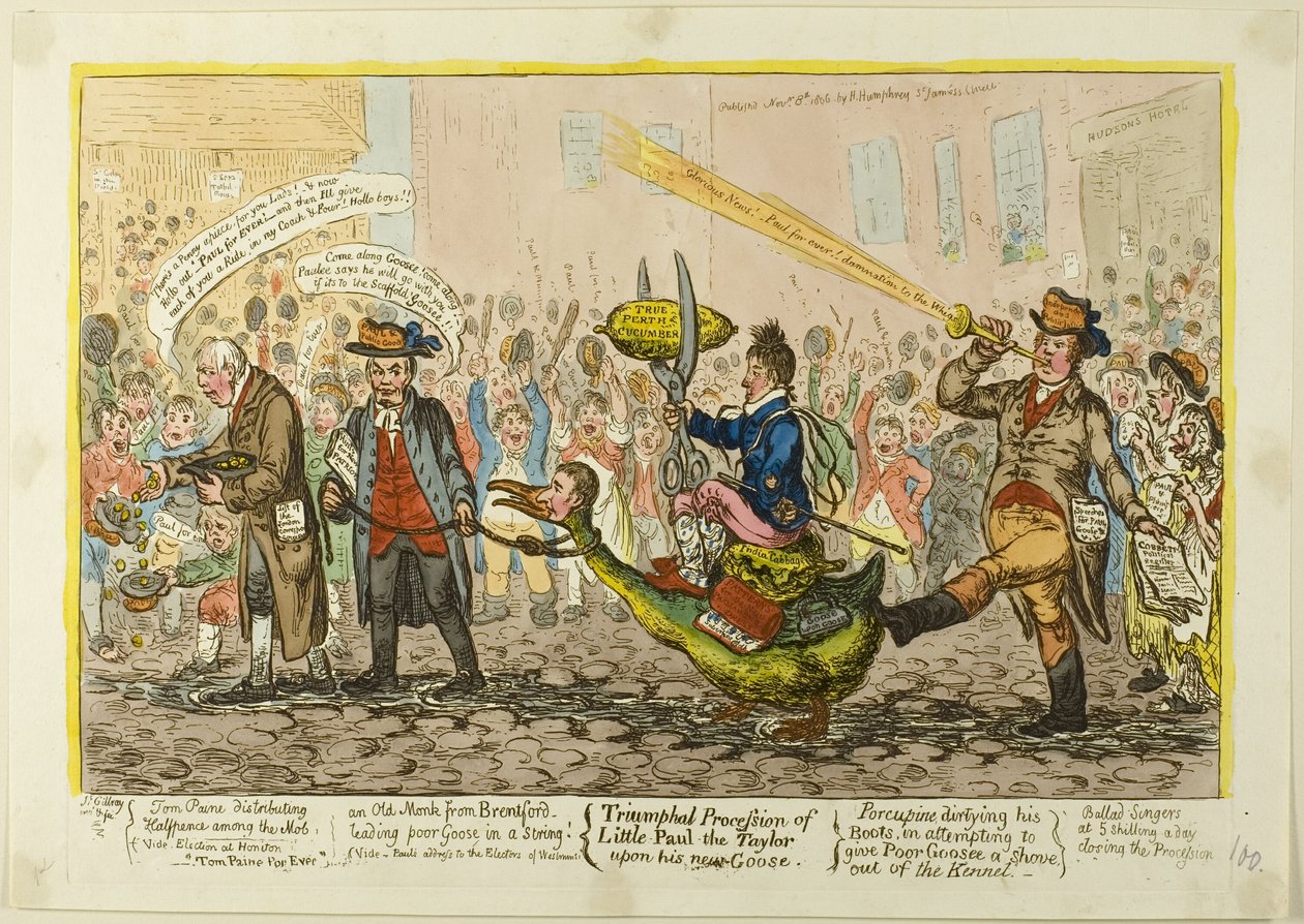 Triumftog for Lille-Paul-Taylor på sin nye gås af James Gillray