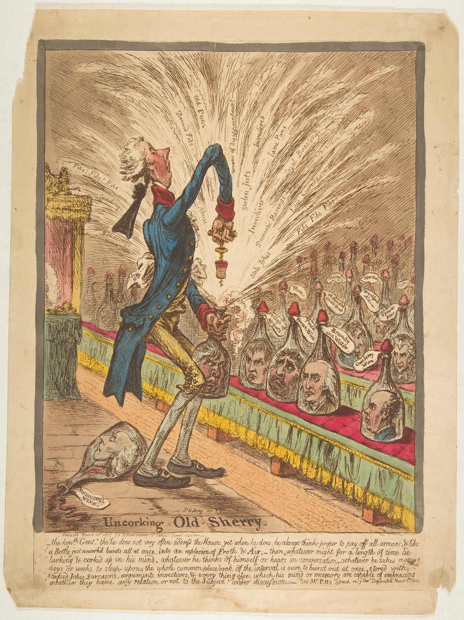 Afpropning af gammel Sherry, 10. marts 1805. af James Gillray