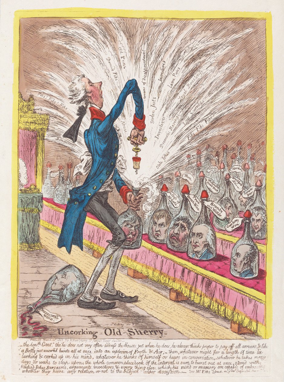 Afpropning af Old Sherry, pub. 1805 (håndfarvet gravering) af James Gillray