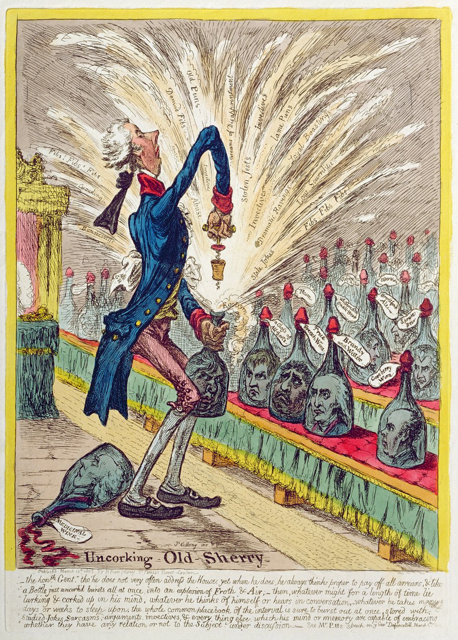 Uncorking Old Sherry, udgivet af Hannah Humphrey i 1805 (håndkoloreret radering) af James Gillray