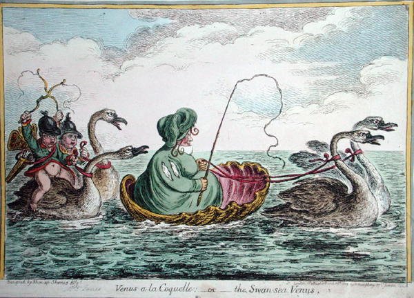 Venus a la Coquelle, eller The Swan Sea Venus, udgivet af Hannah Humphrey i 1809 (håndfarvet radering) af James Gillray