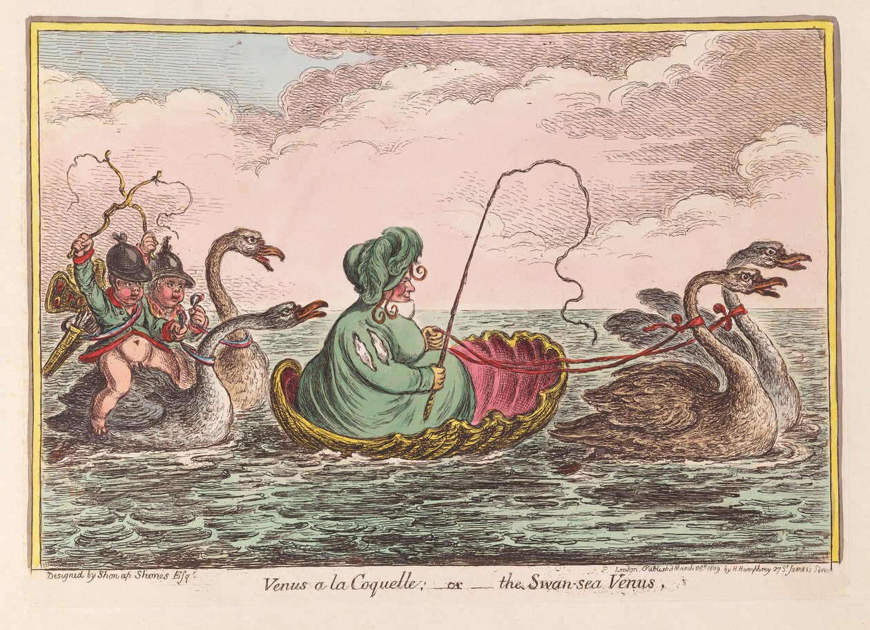 Venus a la Coquelle; eller Svanehavet Venus, pub. 1809 (håndfarvet gravering) af James Gillray