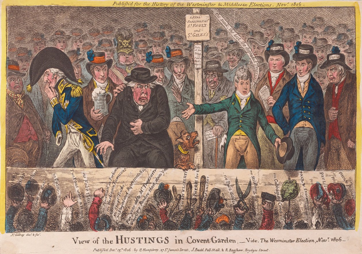 Udsigt over Hustings i Covent Garden - Westminster-valget november 1806, pub. 1806 (håndfarvet gravering) af James Gillray