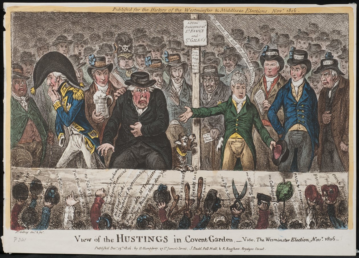Udsigt til valgaftenerne i Covent Garden - Vide. Valget i Westminster, november 1806 af James Gillray