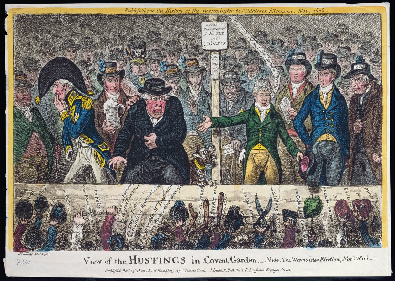 View of the Hustings in Covent Garden, udgivet af Hannah Humphrey i 1806 (håndfarvet radering med akvatint) af James Gillray