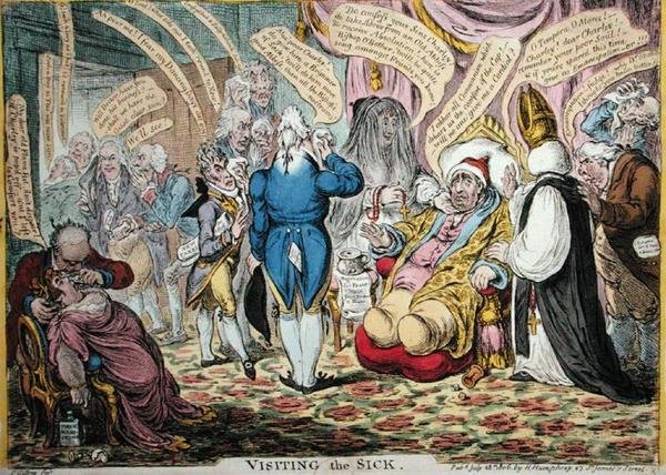 Visiting the Sick, udgivet af Hannah Humphrey i 1806 (håndfarvet radering) af James Gillray
