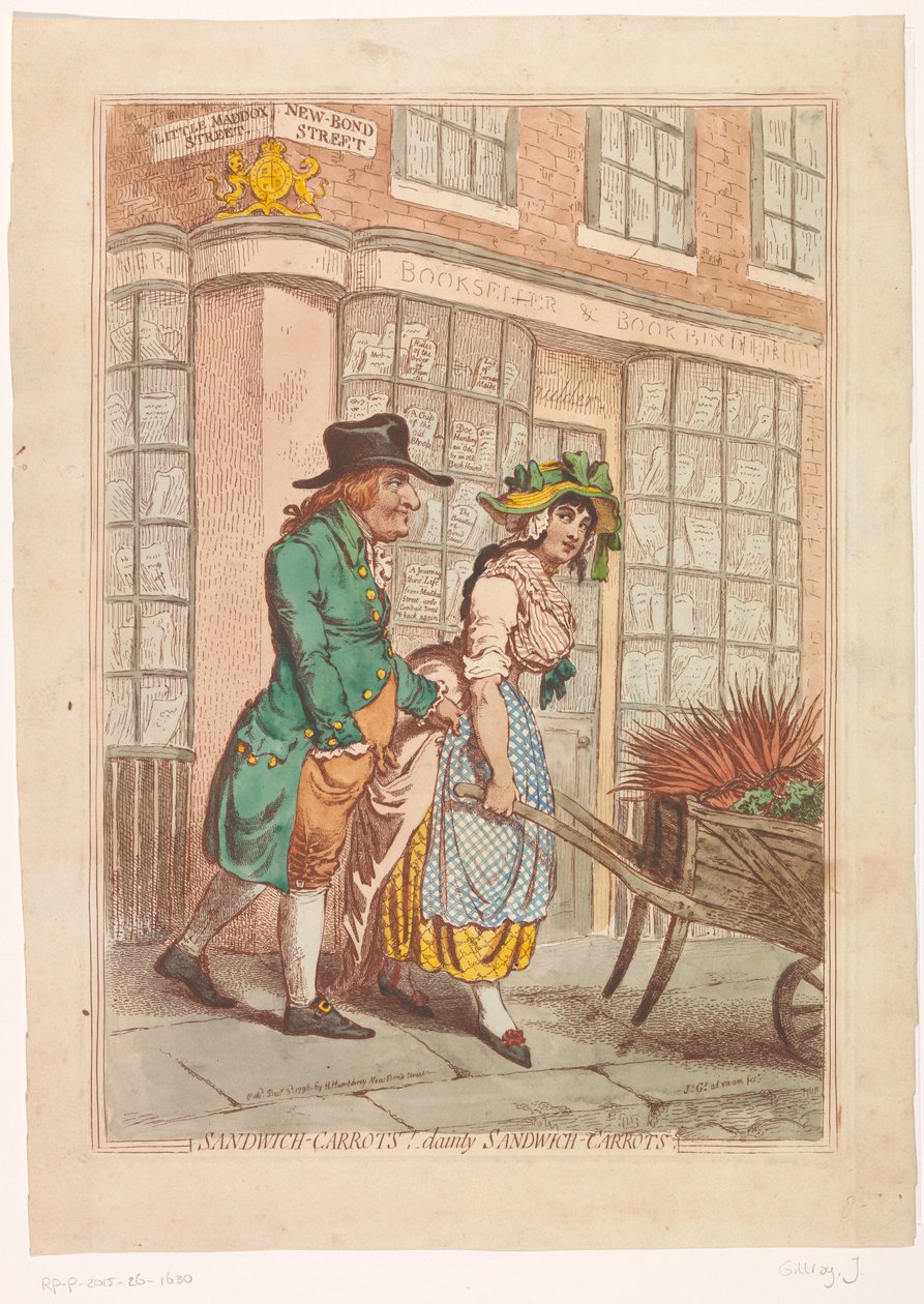 Kvinde med en trillebør med rødder foran butiksvinduet hos boghandler Robert Faulder i London Sandwich gulerødder! lækre sandwich gulerødder (titel på objekt) af James Gillray