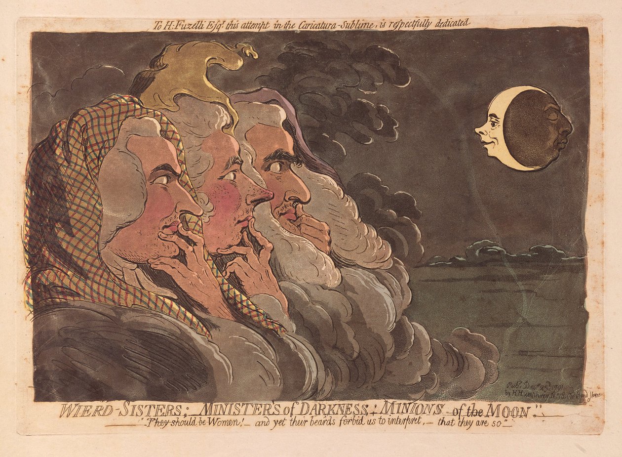 Weird Sisters: Ministers of Darkness: Minions of the Moon, pub. 1791 (håndfarvet gravering) af James Gillray
