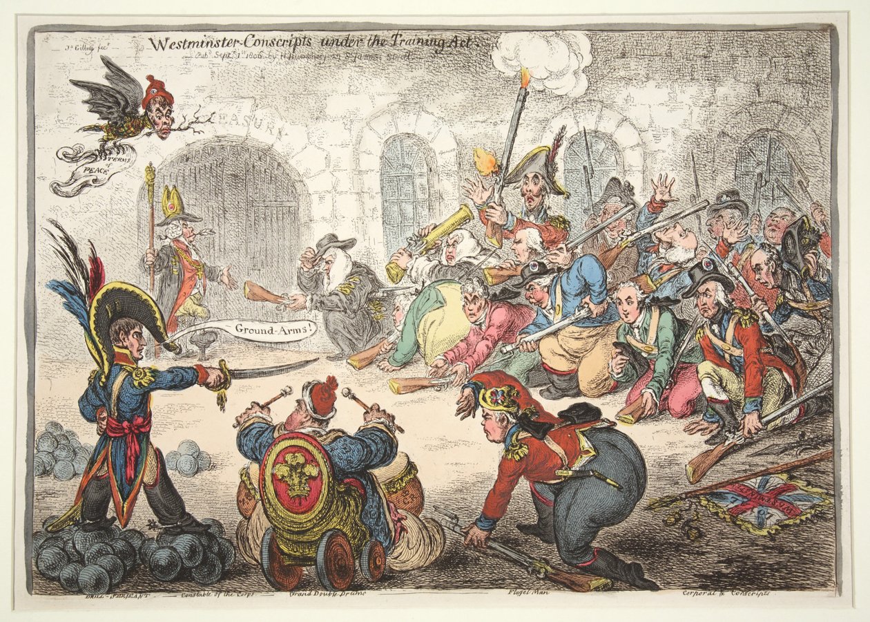 Westminster-værnepligtige under uddannelsesloven, 1806 (håndkoloreret gravering) af James Gillray
