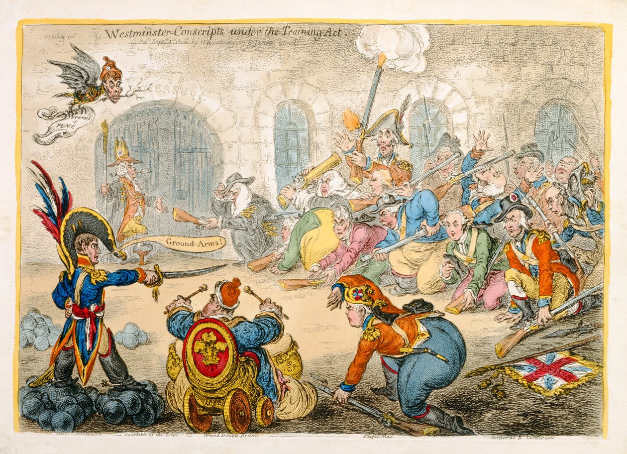 Westminster Conscripts under the Training Act, udgivet af Hannah Humphrey i 1806 (håndfarvet radering) af James Gillray