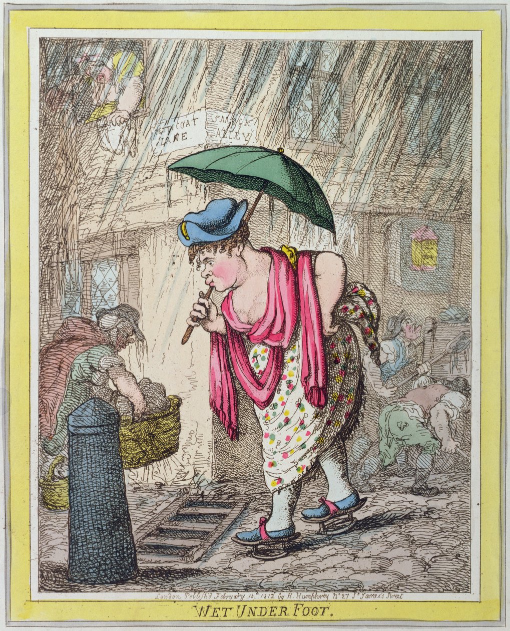 Wet Under Foot, udgivet af Hannah Humphrey i 1812 (håndkoloreret radering) af James Gillray