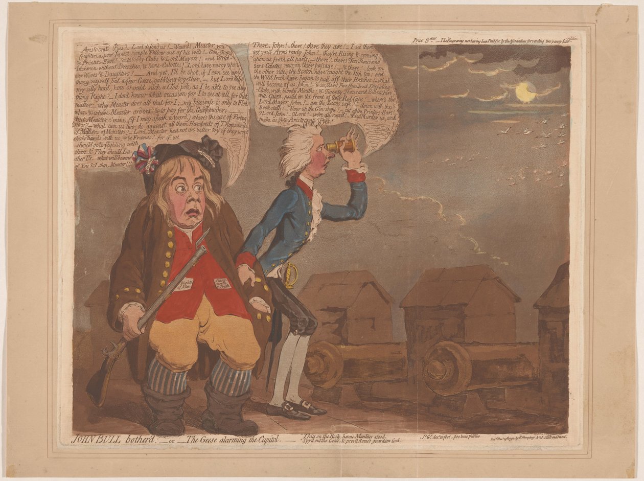 William Pitt og John Bull frygter en invasion John Bull generede:-eller-gæssene alarmerede Capitol (titel på objekt) af James Gillray