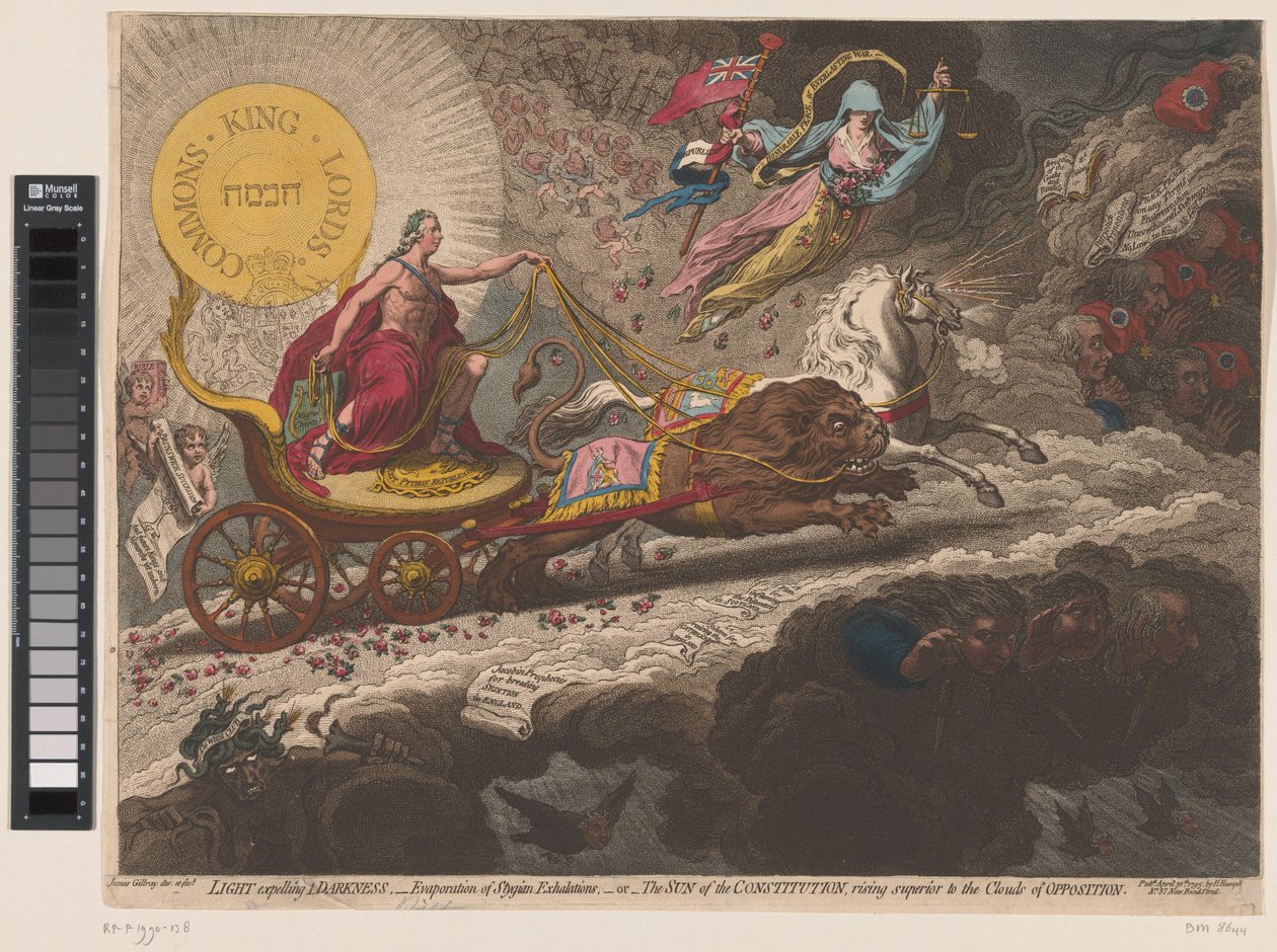 William Pitt verdrijft de duistere krachten, 1795 Lys, der fordriver mørke, - fordampning af Stygian-udåndinger,-eller- Forfatningens sol, der stiger over oppositionens skyer (titel på objekt) af James Gillray