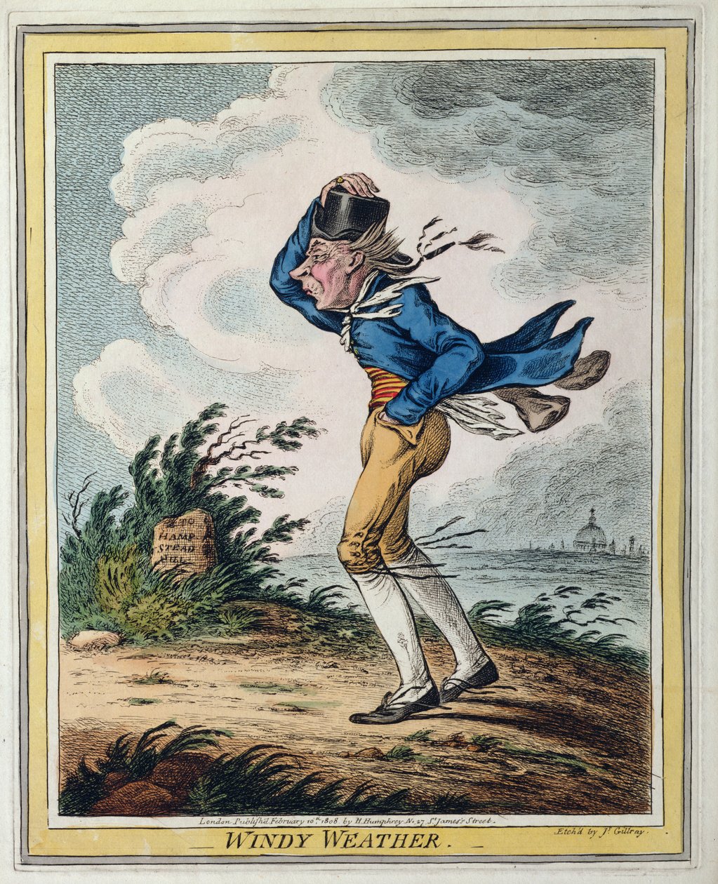 Windy Weather, udgivet af Hannah Humphrey i 1808 (håndfarvet radering) af James Gillray