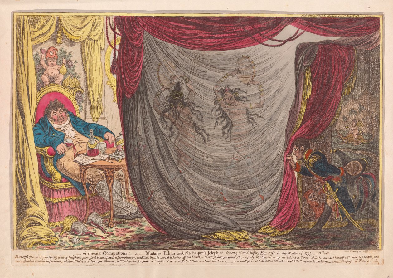 __ ci devant Occupations, eller Madam Talian og kejserinden Josephine Danser nøgen foran Barrass i vinteren 1797 - et faktum!, pub. 1805 (håndfarvet gravering) af James Gillray