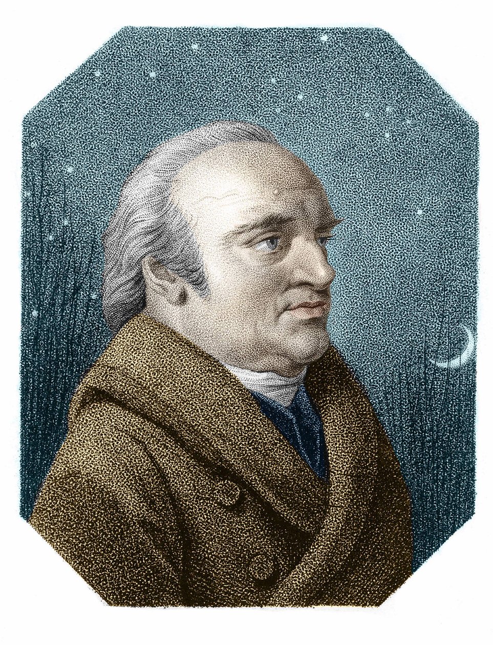 Portræt af William Herschel (1738 - 1822) på en stjernehimmel baggrund - fra et kobberstik af James Godby af James Godby