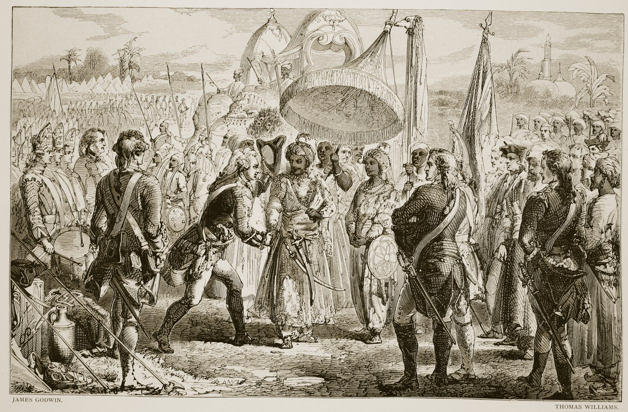 Lord Clives møde med Meer Jaffier, efter slaget ved Plassey, indgraveret af Thomas Williams af James Godwin