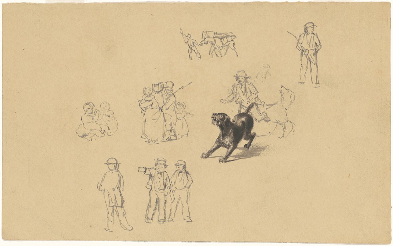 Gøende hund og studier til "Militia Training" af James Goodwyn Clonney
