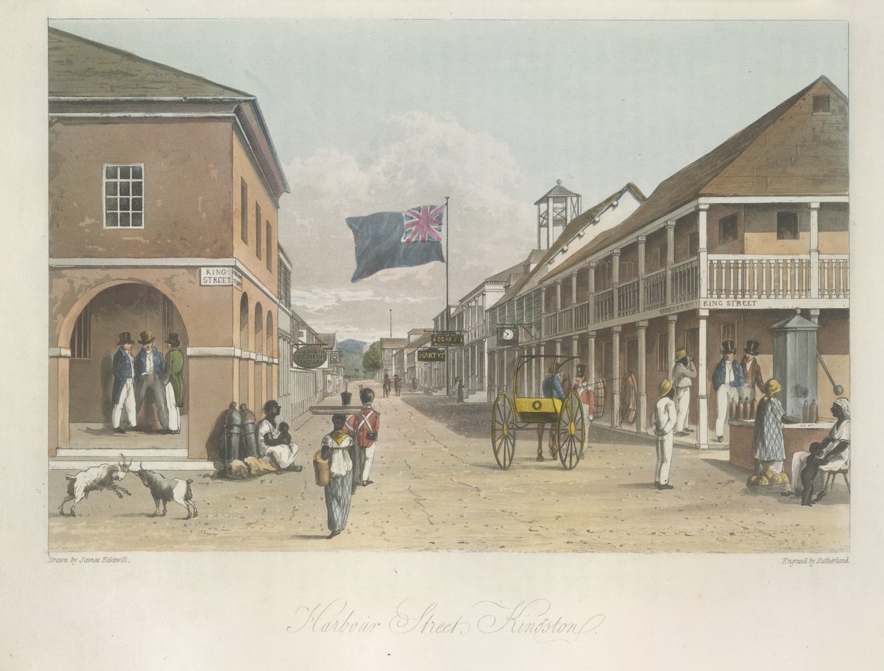 Udsigt over Harbour Street, Kingston (set mod øst) fra En malerisk tur på øen Jamaica, fra tegninger lavet i årene 1820 og 1821. af James Hakewill