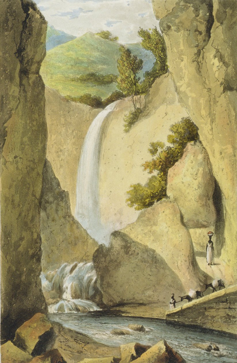 Vandfald på Windward Road nær Kingston, fra "A Picturesque Tour of the Island of Jamaica", graveret af Thomas Sutherland, 1824 af James Hakewill