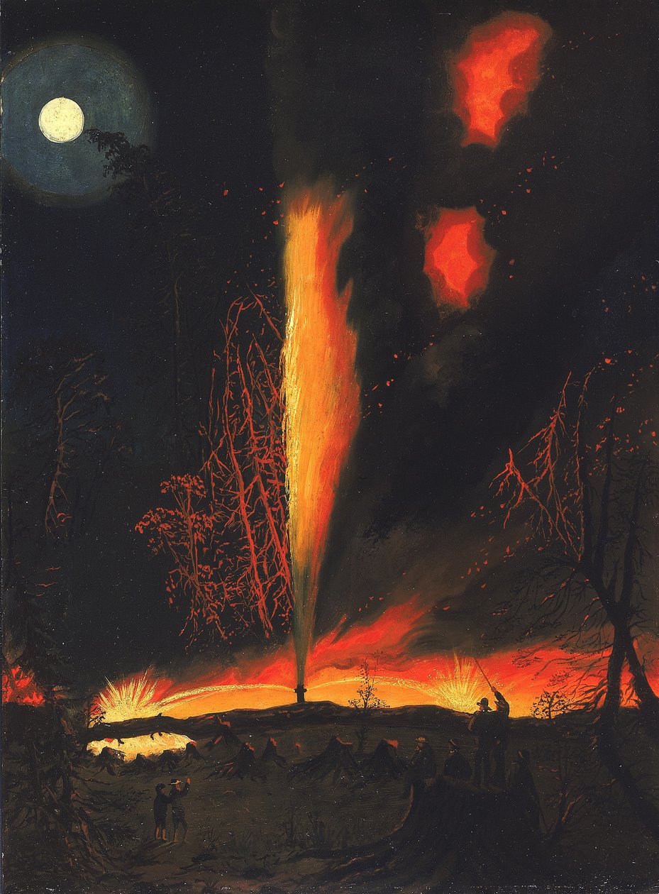 Brændende oliebrønd om natten, nær Rouseville, Pennsylvania af James Hamilton