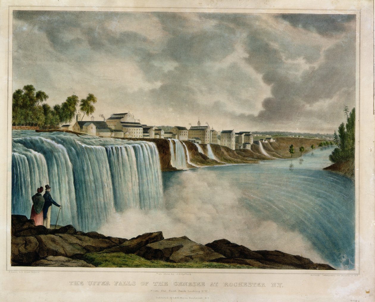 The Upper Falls of the Genesee i Rochester, New York, indgraveret af J. Bufford (1810-70) (farvegravering) af James Harvey Young