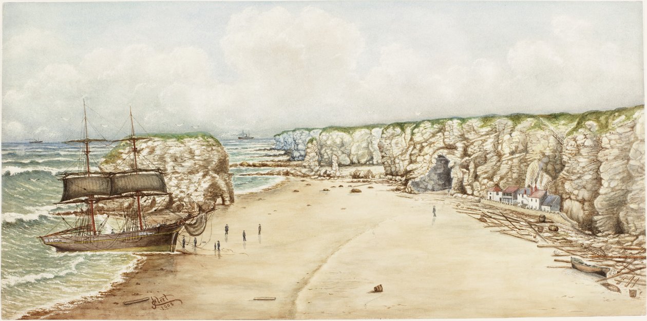 Brig på grund ved Marsden Rock (akvarel, kropsfarve og blyant på papir på kort)) af James Henry Cleet