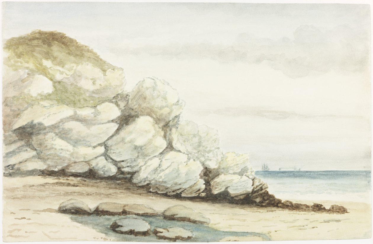 Durham Coast nær Marsden (akvarel, kropsfarve og blyant på papir på kort) af James Henry Cleet