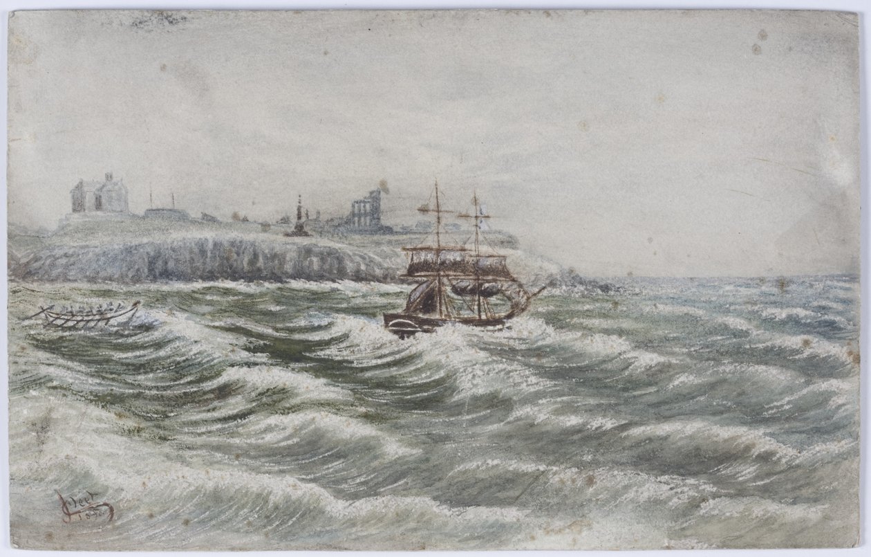 Stranding af Beloy of Littlehampton og tab af redningsbådsbesætningen på Tyne (akvarel, bodycolour og udkradsning på papir) af James Henry Cleet