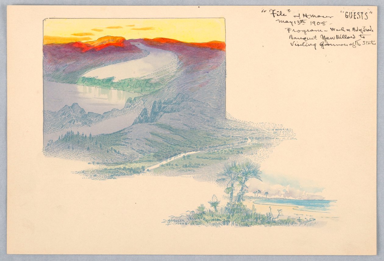 Three Landscapes, trykt prøvetryk til design til Washington Board of Trade Dinner, 13. maj 1908 af James Henry Moser