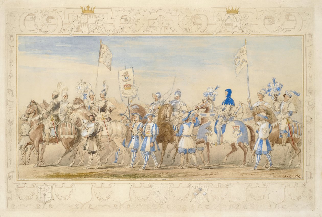 Fortsættelse af følget af Marquis of Waterford, Knight of the Dragon og Viscount Alford, Knight of the Black Lion, 1839 (blyant, wc, gouache og guldmaling på papir) (se også 366229) af James Henry Nixon