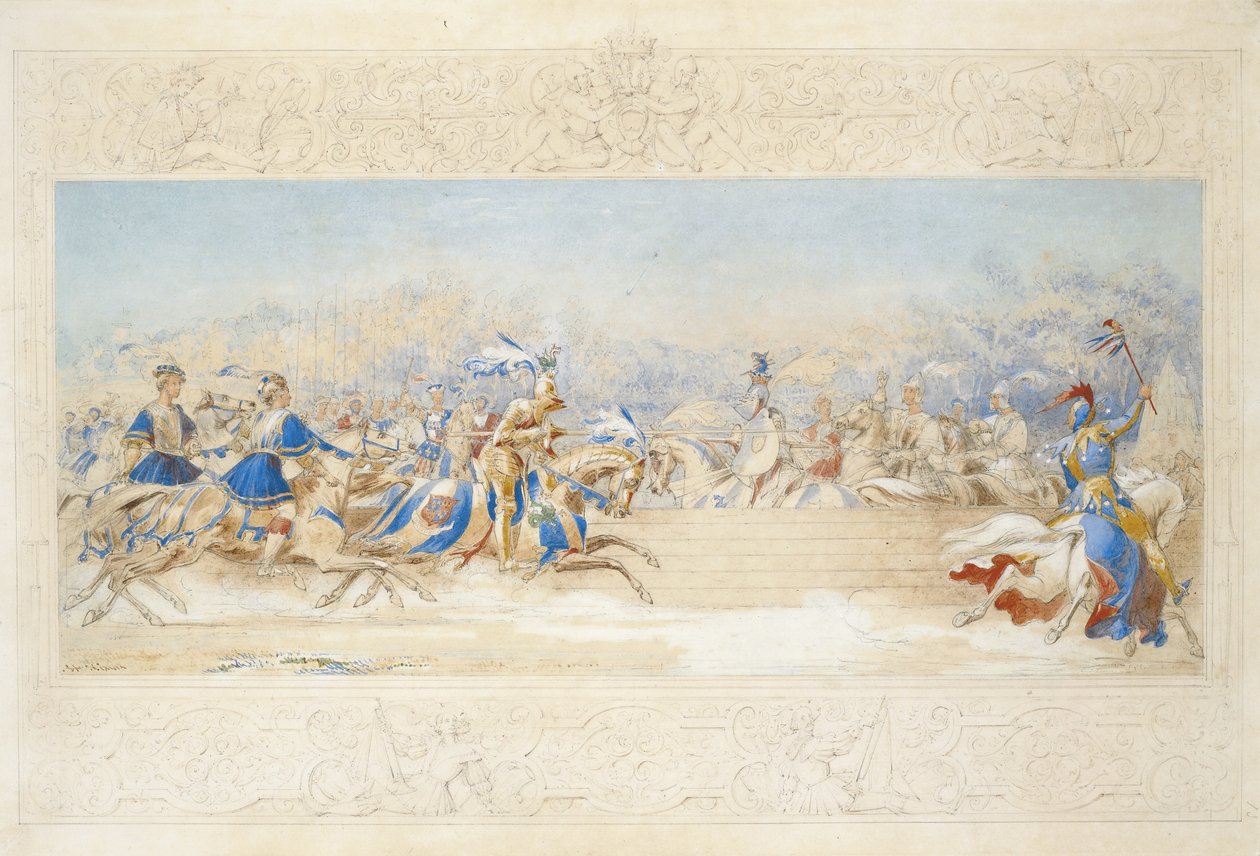 The Joust (blyant, wc og bodycolour på papir) af James Henry Nixon