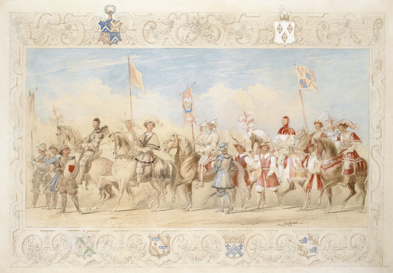 Walter Little Gilmour Esq., The Black Knight og Hon. Edward Stafford Jerningham, Ridder af Svanen, 1839 (blyant, wc og gouache på papir) af James Henry Nixon