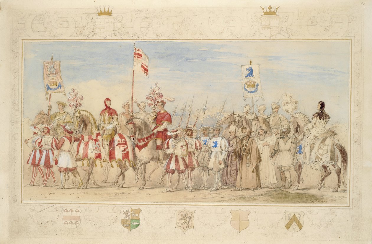 William Earl of Craven, Ridder af Griffin og Henry de la Poer Beresford, markis af Waterford, Dragens Ridder, 1839 (blyant, wc, gouache og guldmaling på papir) (se også 366230) af James Henry Nixon