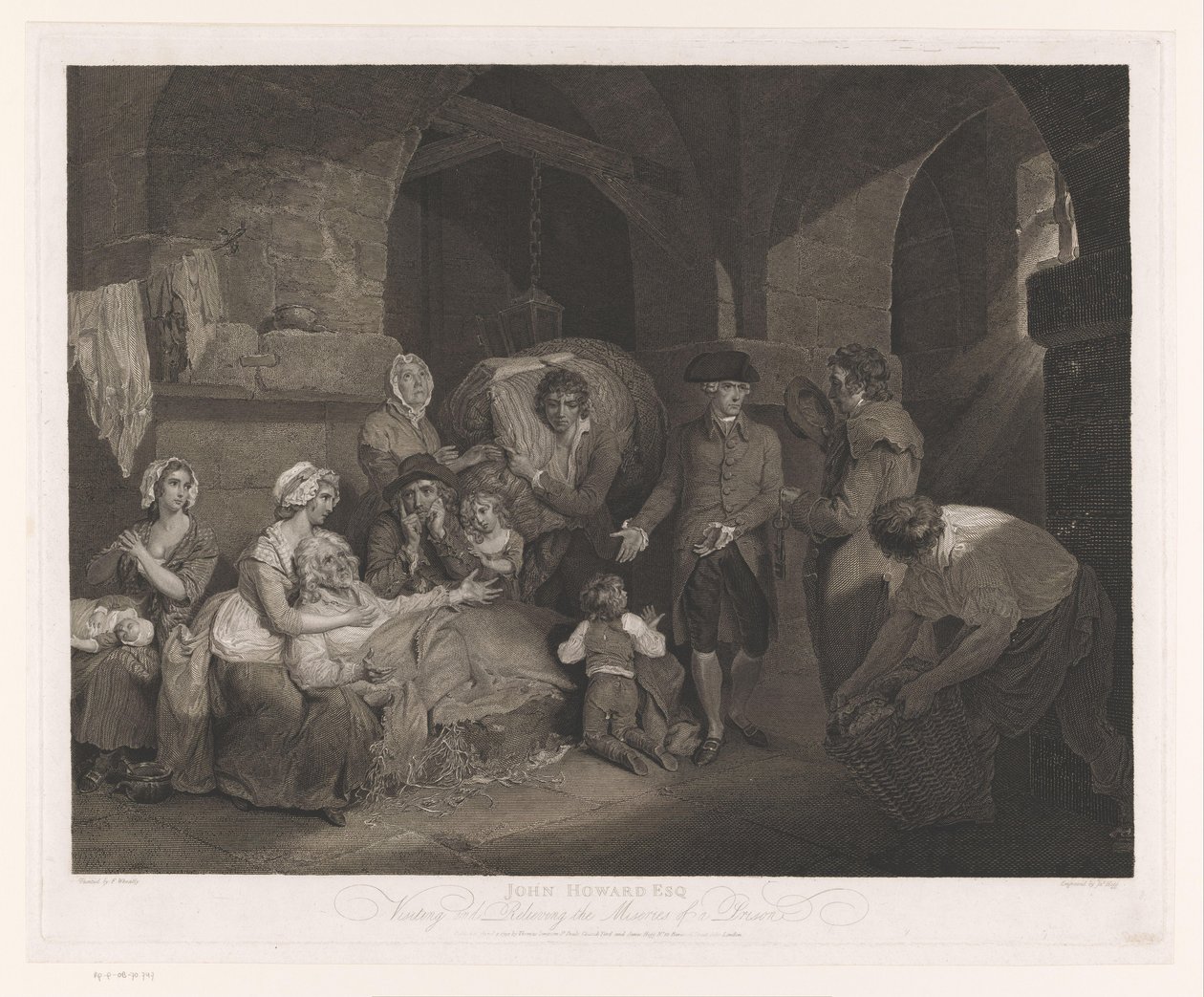 John Howard besøger en familie i fængslet John Howard Esq Visiting and Relieving the Miserie of a Prison (titel på objekt) af James Hogg