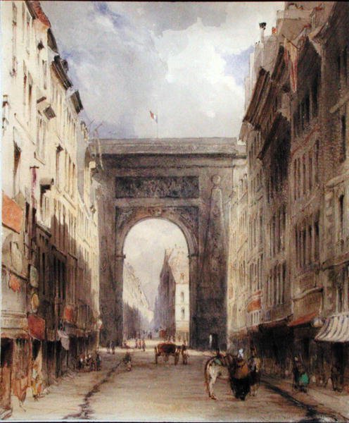Rue Vivienne og Porte St. Denis, Paris, ca. 1830 (akvarel på papir) af James Holland