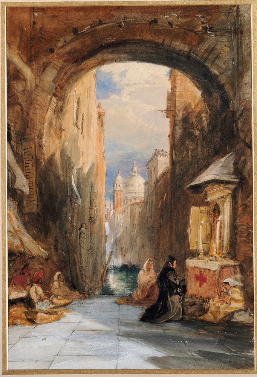 Venedig: en Edicola under en buegang, med Santa Maria della Salute i det fjerne, 1853 af James Holland