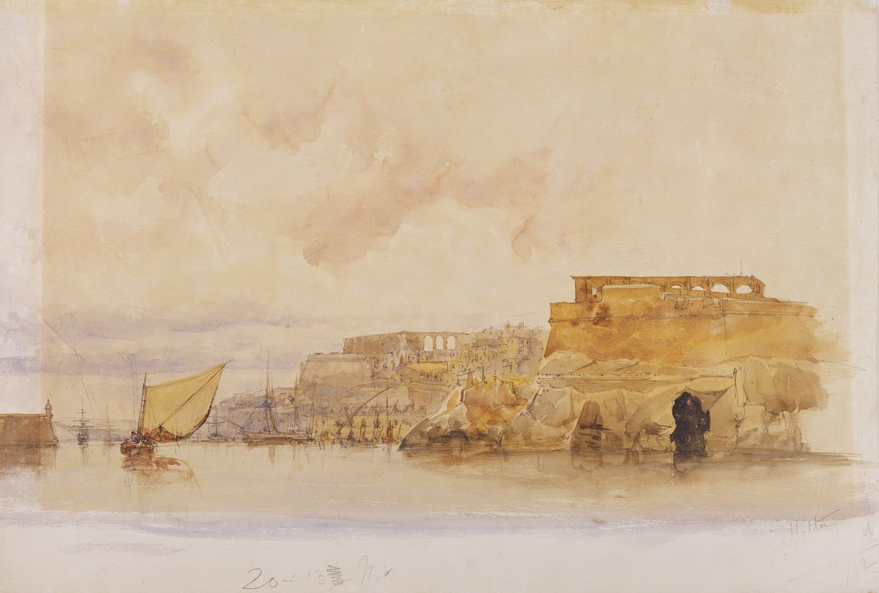 Udsigt over Valletta, Malta (akvarel med kropsfarve over grafit på papir) af James Holland