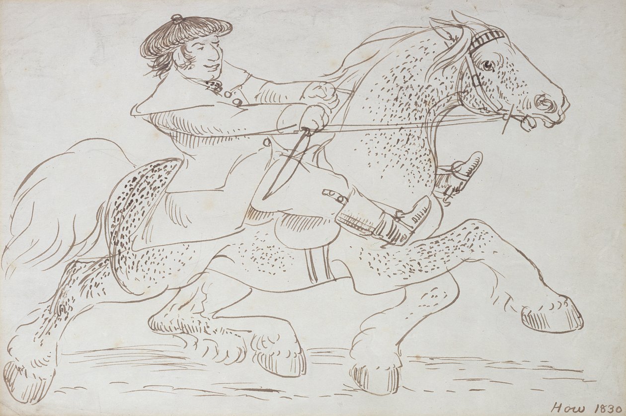 En hestehandler sætter en ung Clydesdale i gang, 1830 (sepia blæk på papir) af James Howe