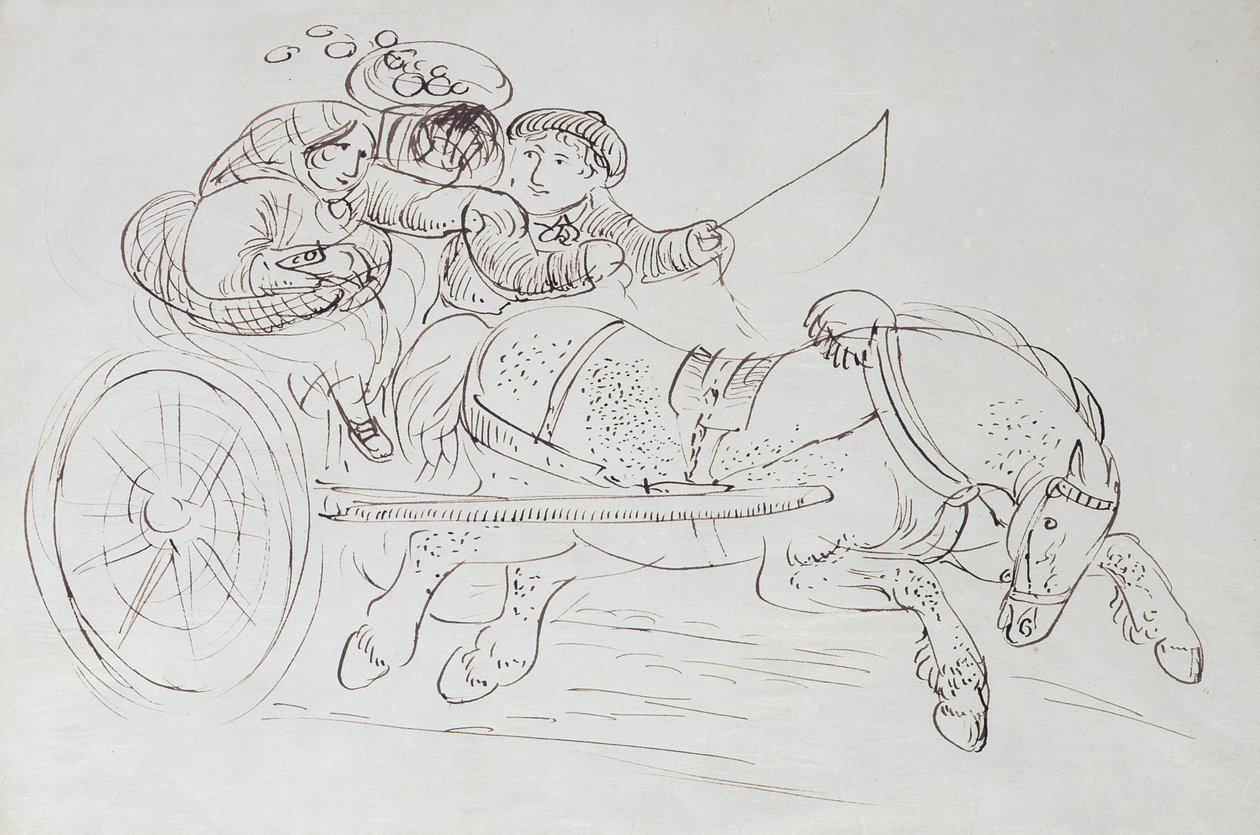 Par i en vogn trukket af en hest (sepia blæk på papir) af James Howe