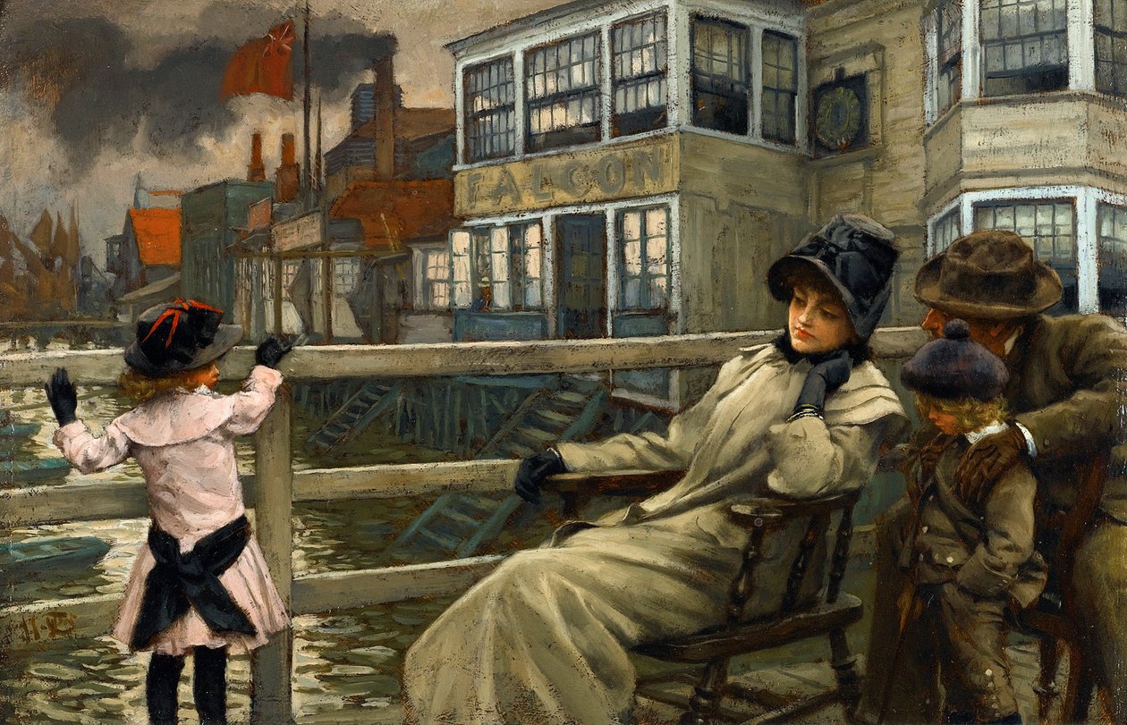 Akademisk kunst: Venter på færgen af Tissot, James Jacques Joseph (1836-1902). Olie på træ, 22,5x32,5. Privat samling af James Jacques Joseph Tissot
