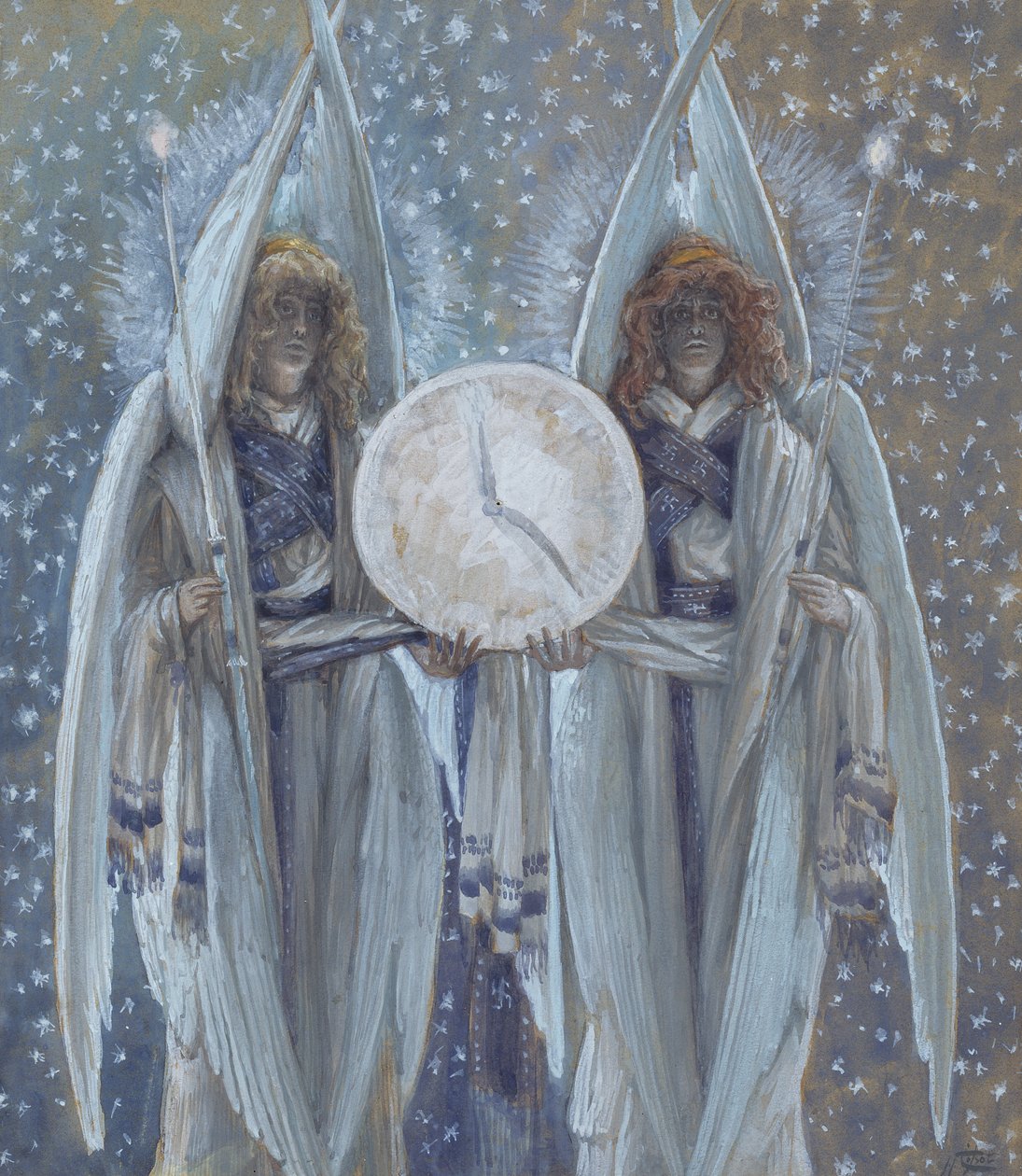 Engle understøtter en urskive, der angiver timerne for de forskellige passionsscener, illustration til Kristi liv, ca. 1886-94 (wc & gouache på pap) af James Jacques Joseph Tissot