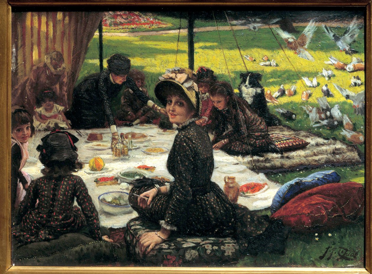 Morgenmad på græsset Familie picnic scene. Maleri af Jacques Joseph (Jacques-Joseph) Tissot dit James Tissot (1836-1902) af James Jacques Joseph Tissot