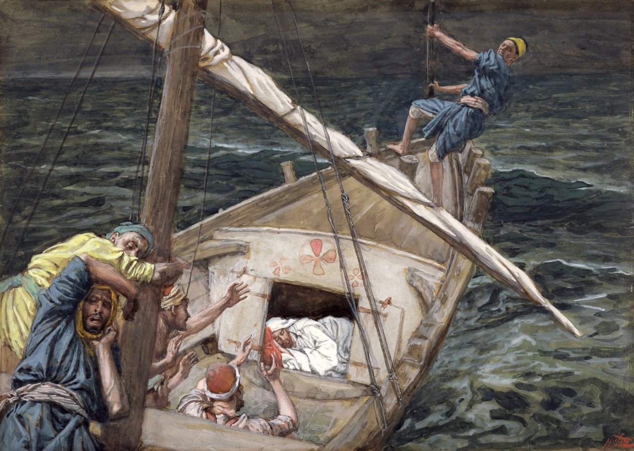 Kristus sover under stormen, illustration til The Life of Christ, ca. 1886-94 (wc & gouache på pap) af James Jacques Joseph Tissot
