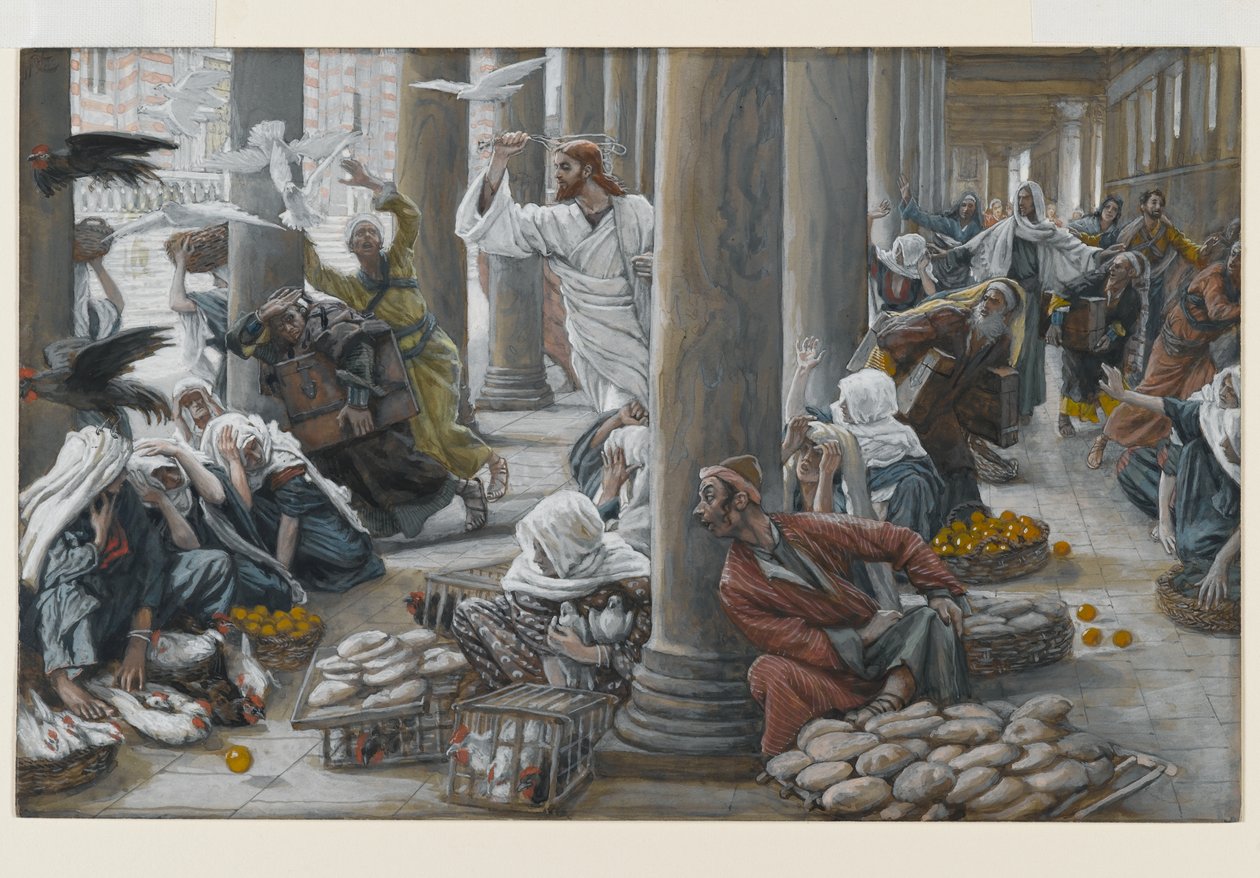 Kristus uddriver dem, der solgte og købte fra templet, illustration til The Life of Christ, ca. 1884-96 (wc & gouache på pap) af James Jacques Joseph Tissot
