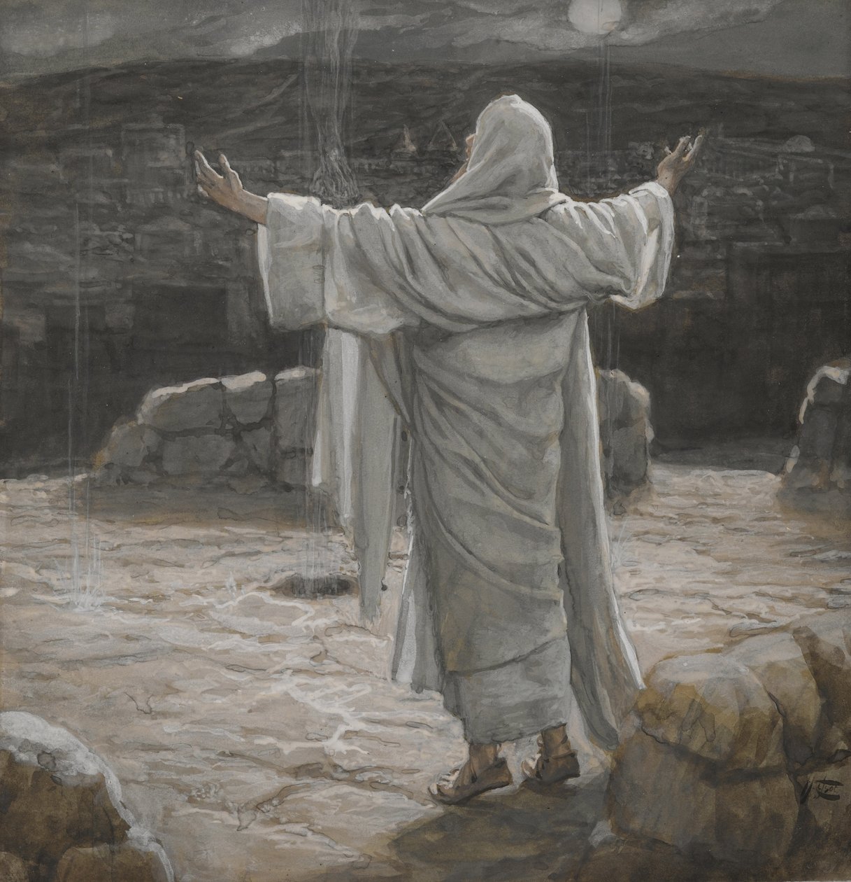 Christ Retreats to the Mountain at Night, illustration fra The Life of Our Lord Jesus Christ, 1886-94 (wc over grafit på papir) af James Jacques Joseph Tissot